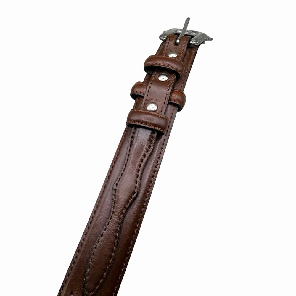 Nocona Belt Brown Tooled Leather Western Size 44 Engraved Silver Buckle Men's